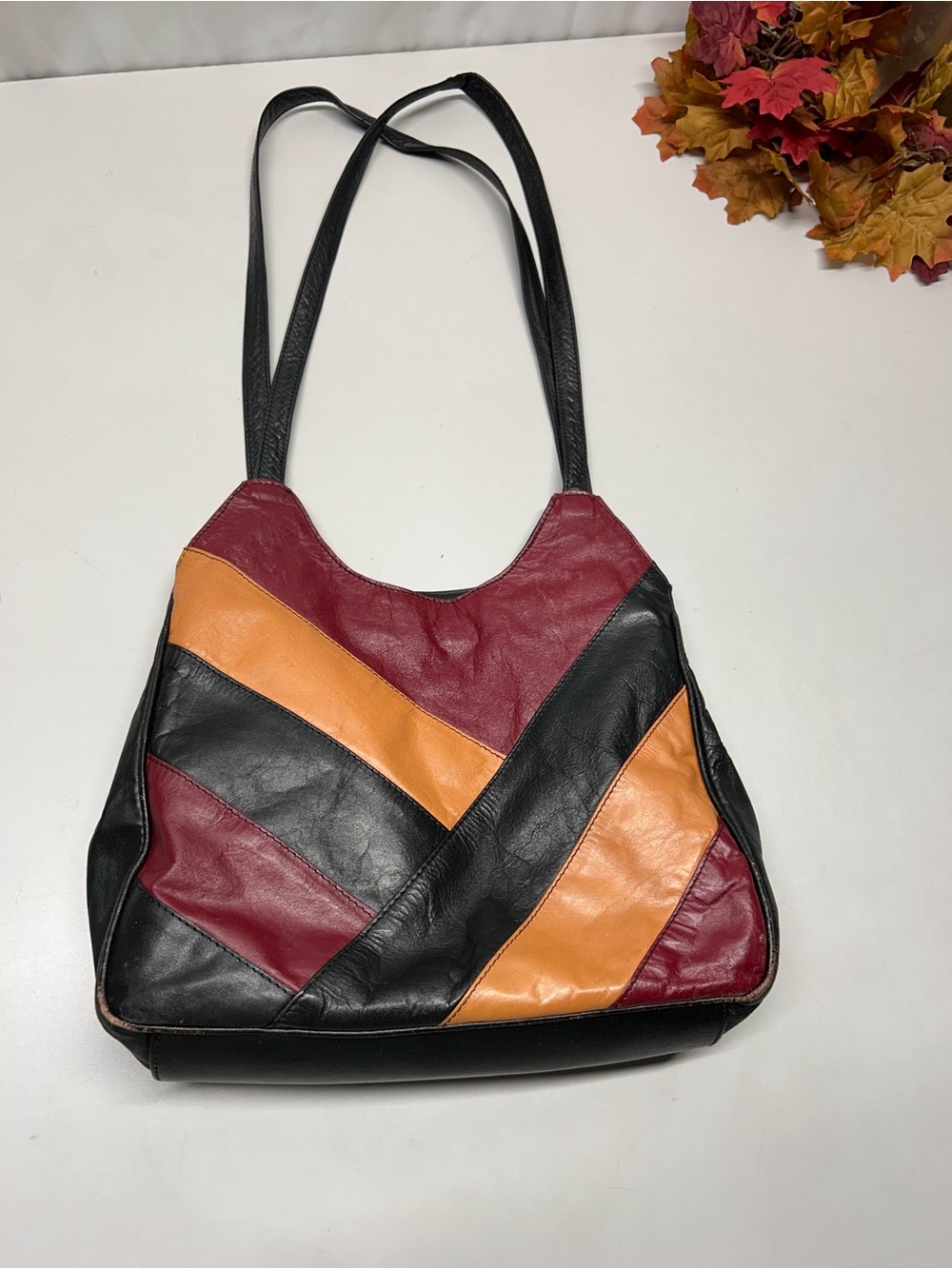 Colorblock Leather Shoulder Bag in Burgundy, Black & Tan